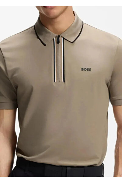 BOSS Erkek Dar Kesim Nem Emici Esnek Pamuklu Kısa Kollu Kahverengi Polo Yaka ...
