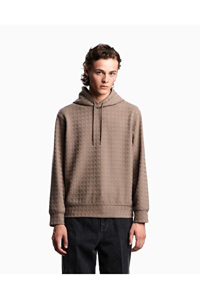 Emporio Armani Men's Regular Fit Eagle Logo Textured Hooded Brown Sweatshirt