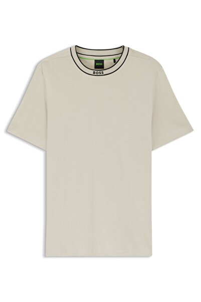 BOSS Erkek Logolu Yuvarlak Yakalı %100 Pamuklu Kısa Kollu Bej T-Shirt