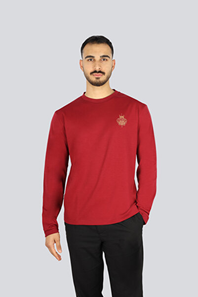 BOSS Erkek %100 Pamuklu Yuvarlak Yakalı Logo Baskılı Uzun Kollu Kırmızı T-Shirt