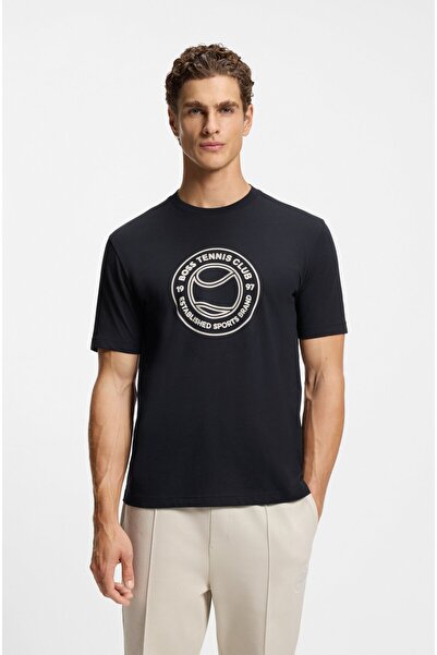 BOSS Erkek Normal Kalıp Yuvarlak Yakalı Baskılı Kısa Kollu Lacivert T-Shirt