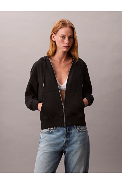 Calvin Klein Kadın Regular Fit Fermuar Kapamalı Kapüşonlu Uzun Kollu Siyah Sw...