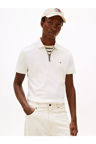Tommy Hilfiger Erkek Regular Fit Pamuklu Kısa Kollu Fermuarlı Krem Polo Yaka ...