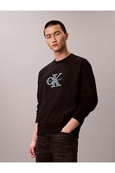 Calvin Klein Men's Ck Text Pattern Long Sleeve Cotton Crew Neck Black Sweatshirt