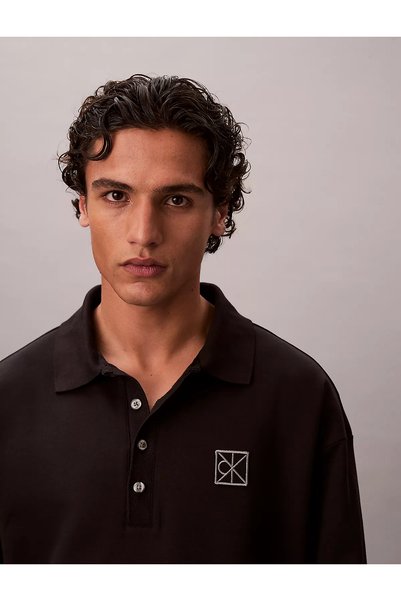 Calvin Klein Erkek Rahat Kalıp CK Logo İşlemeli Pamuklu Uzun Kollu Siyah Polo Yaka T-Shirt
