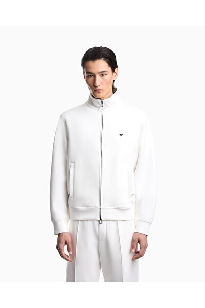 Emporio Armani سويت شيرت أبيض للرجال ذو قصة عادية وياقة عالية وأكمام طويلة