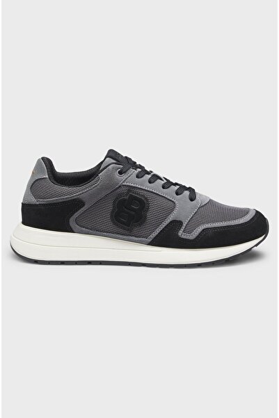 BOSS Erkek Monogram Logolu Nefes Alabilen Tasarımlı Deri Gri Sneaker