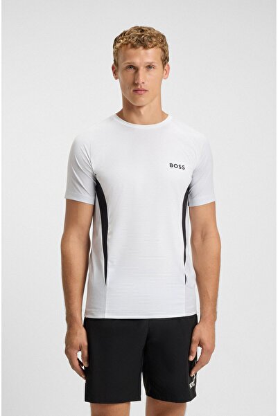 BOSS Erkek Dar Kalıp Yuvarlak Yakalı Kontrast Detaylı Kısa Kollu Beyaz T-Shirt
