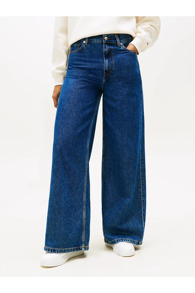 Tommy Hilfiger Kadın Yüksek Bel Rahat Kalıp Geniş Paça Mavi Jeans