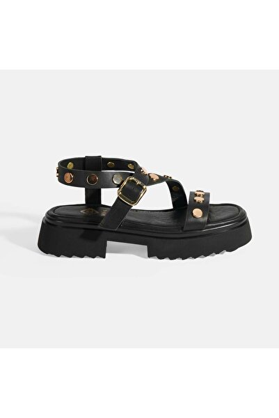 Desa Γυναικεία μαύρα δερμάτινα σανδάλια με λεπτομέρειες