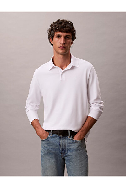 Calvin Klein Men's Regular Fit 100% Cotton Long Sleeve White Polo Collar T-Shirt