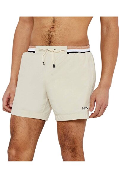 BOSS Erkek Logolu Beli Lastikli Yüksek Bel Slim Fit Krem Deniz Şortu
