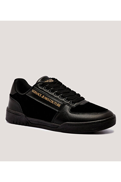 Versace Men's Low-Top Logo Patterned Leather Sneakers with Suede Detail in Black