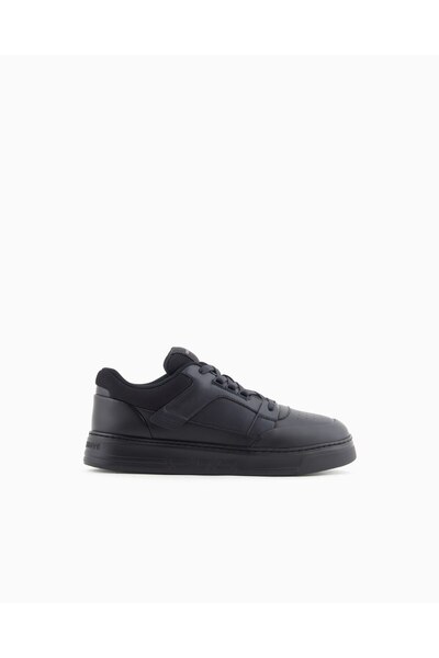 Emporio Armani Erkek Yuvarlak Burun Bağcıklı Deri File Detaylı Lacivert Sneaker
