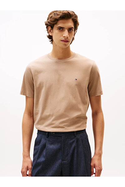 Tommy Hilfiger Erkek Slim Fit Yuvarlak Yakalı Kısa Kollu Esnek Kumaş Bej T-Shirt
