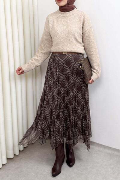 Salih Çelebi Ασύμμετρη φούστα σιφόν με σχέδιο κοπής 4151 - ΚΑΦΕ