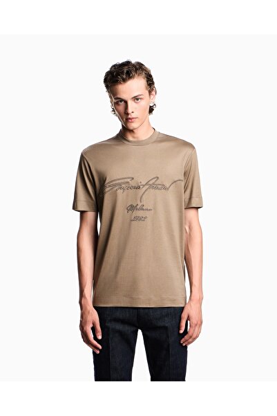 Emporio Armani Men's Regular Fit Round Collar Logo Embroidered Cotton Short S...