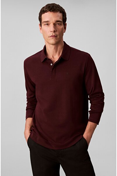 Calvin Klein Erkek Uzun Kol Regular Fit Düğme Kapama Bordo Polo Yaka T-Shirt