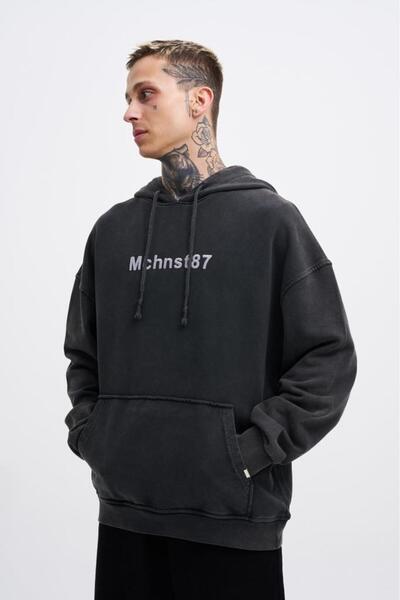 Machinist Erkek Yıkamalı Nakışlı Kapüşonlu Oversize Sweatshirt Siyah