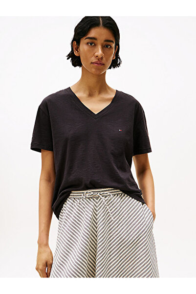 Tommy Hilfiger SLUB MDRN V-NK SS T-SHIRT Kadın Siyah T-Shirt - WW0WW43901