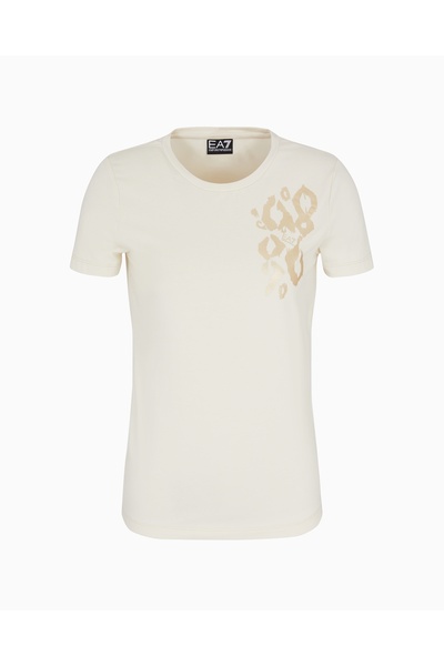 EA7 Γυναικείο μπλουζάκι μπεζ με κοντό μανίκι, βαμβακερό μοτίβο και κεντητό σχ...