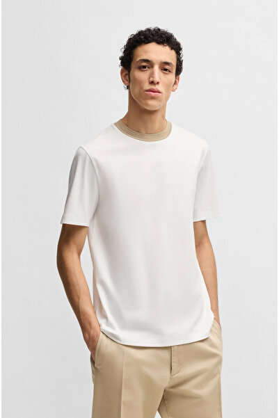 BOSS Erkek Yumuşak Pamuklu Dar Kesim Yuvarlak Yaka Kısa Kollu Beyaz T-Shirt