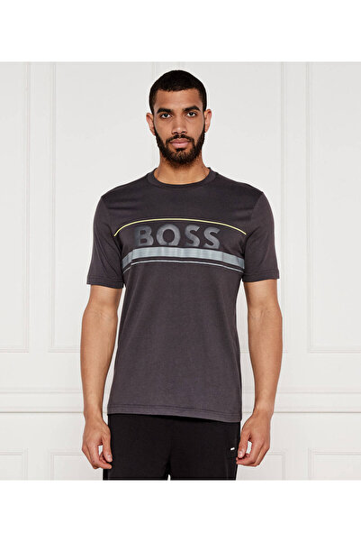 BOSS Erkek Regular Fit Yuvarlak Yakalı Çizgili ve Logolu Kısa Kollu Gri T-Shirt
