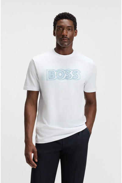 BOSS Erkek Yazı Detay Bisiklet Yaka Kısa Kol Pamuklu Beyaz T-Shirt
