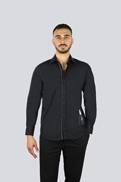 PAUL&SHARK Erkek Regular Fit Logo Baskılı Pamuklu Uzun Kollu Siyah Gömlek