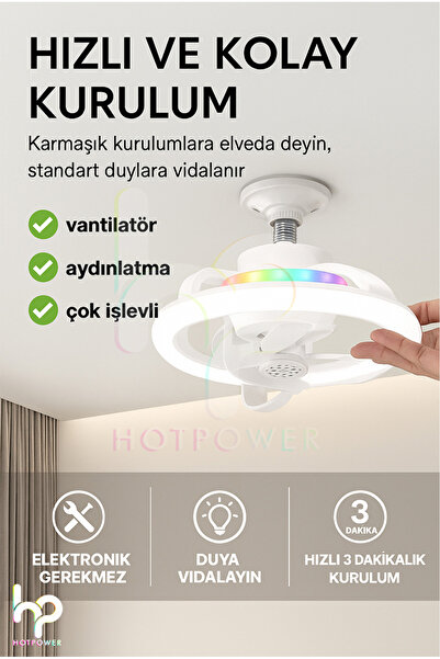HOT POWER 360° Dönebilen E27 Tavan Vantilatörü Ampul LED Işık Uzaktan Kumanda...