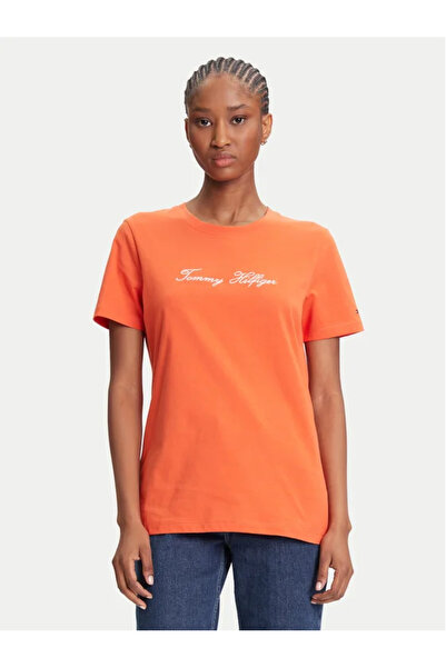 Tommy Hilfiger Kadın Kısa Kol Çizgili Standart Boy Renk Desenli Turuncu T-Shirt