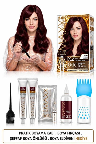 MAXX DELUXE Golden Beauty Set Saç Boyası 4.6 Kestane Kızılı 2 Li + Fırça+Prat...