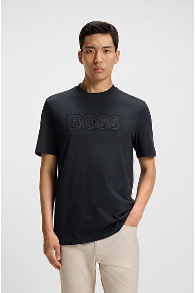BOSS Erkek Yazı Detay Bisiklet Yaka Kısa Kol Pamuklu Lacivert T-Shirt