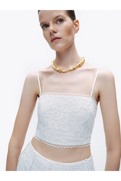 Nocturne Γυναικείο λευκό crop με λεπτές τιράντες και λεπτομέρεια από γκιπούρ