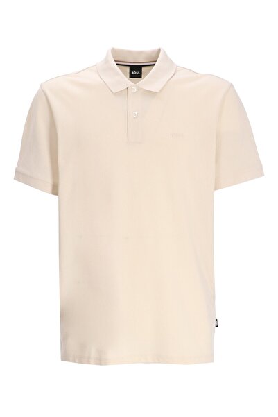 BOSS Erkek Polo Yaka Regular Fit Pamuklu Kısa Kollu Ekru Polo Yaka T-Shirt