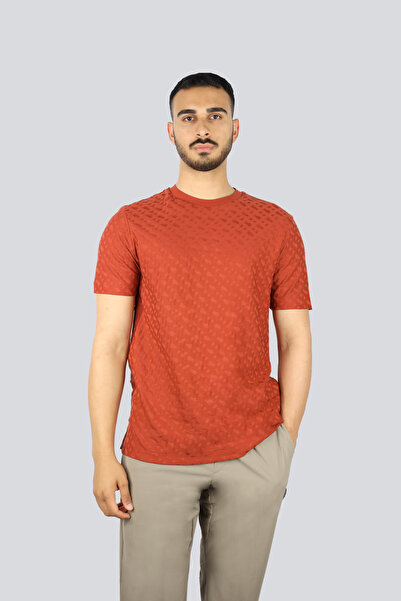 BOSS Erkek Bisiklet Yaka Kabartma Desenli Kısa Kol Kırmızı T-Shirt