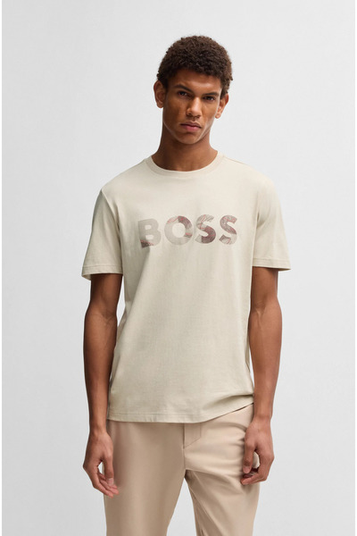 BOSS Erkek Yazılı Kısa Kollu Bisiklet Yaka Bej T-Shirt