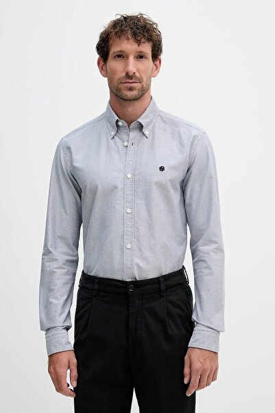 BOSS Erkek Slim Fit %100 Pamuklu Logo İşlemeli Uzun Kollu Lacivert Gömlek