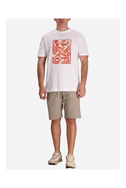 BOSS Erkek %100 Pamuklu Desenli Yuvarlak Yakalı Kısa Kollu Beyaz-Turuncu T-Shirt