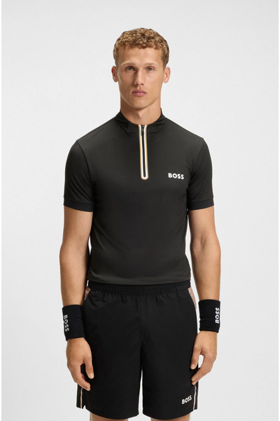 BOSS Erkek Dar Kesim Yarım Fermuarlı Yaka Kısa Kollu Siyah T-Shirt