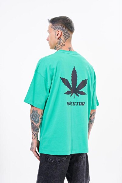 Machinist Men's Macstar Leaf Printed Oversize Light Green T-Shirt