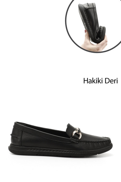 GÖNDERİ(R) Γυναικείο μαύρο λουράκι με αγκράφα από γνήσιο δέρμα Comfort Loafer