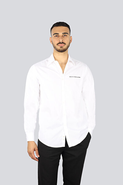 PAUL&SHARK Erkek Regular Fit Pamuklu Göğsü Logo Baskılı Uzun Kollu Beyaz Gömlek