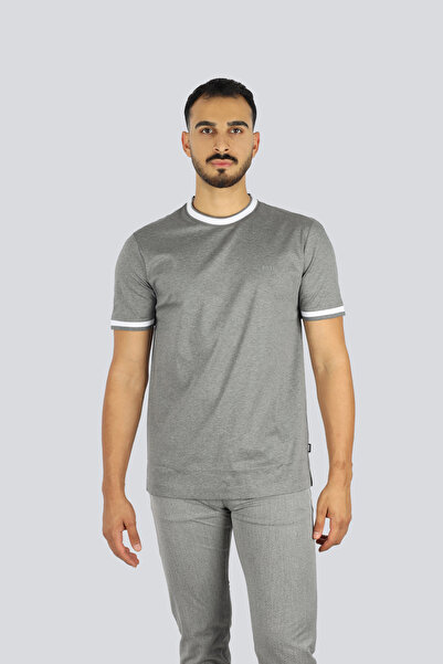 BOSS Erkek Bisiklet Renk Detaylı Yaka Dar Kesim Kısa kol Gri T-Shirt