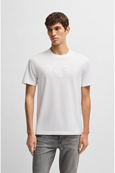 BOSS Erkek Kabartmalı Yazı Kısa Kol Bisiklet Yaka Beyaz T-Shirt