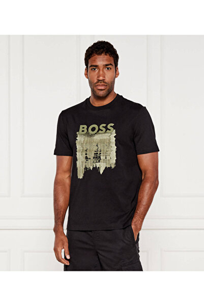 BOSS Erkek Yazı Detay Bisiklet Yaka Kısa Kol Pamuklu Siyah T-Shirt