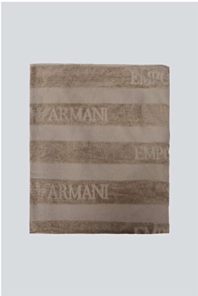 Emporio Armani Unisex Vertical Stripe Motif Eagle Logo Cotton Beige Beach Towel