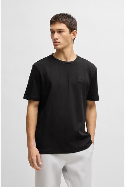 BOSS Erkek Rahat Kesim Çizgi Detaylı Yuvarlak Yaka Kısa Kollu Siyah T-Shirt
