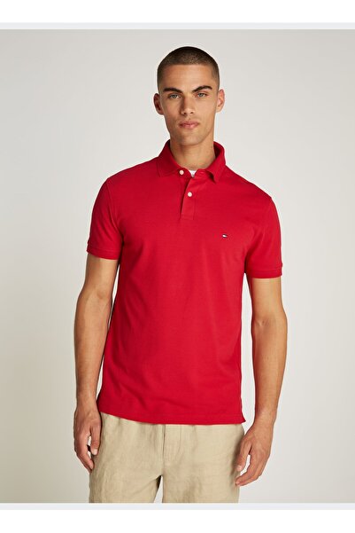 Tommy Hilfiger Erkek Pamuklu Polo Yakalı Düğme Kapamalı Kısa Kollu Kırmızı Po...