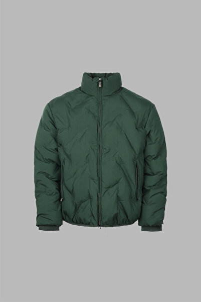 Emporio Armani Men's Regular Fit Stand Collar Patterned Long Sleeve Green Coat